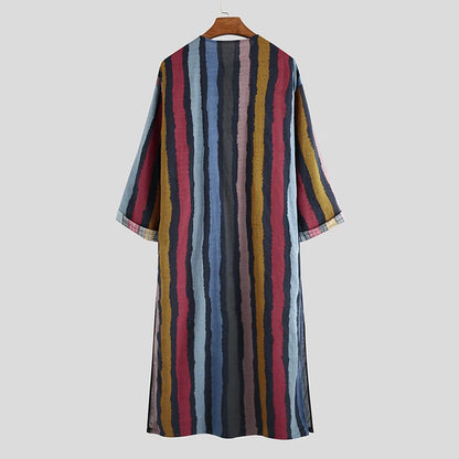 New Men Islam Qamis Muslim Striped Robes Long Sleeve Button-down Arabian Kaftan Suit Middle East Dubai Abaya Summer Man Clothing