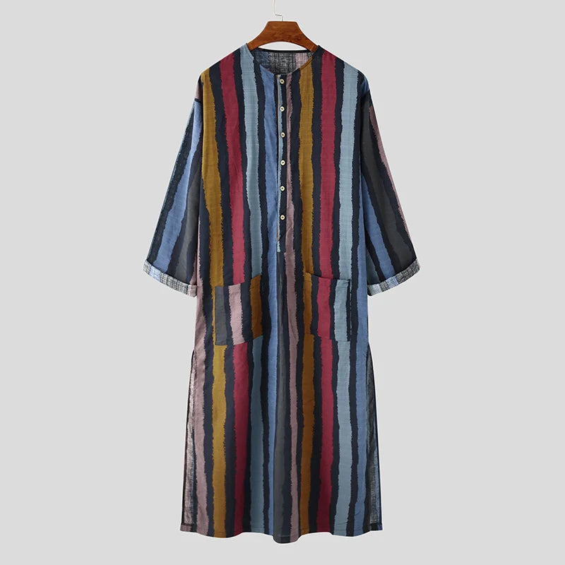 New Men Islam Qamis Muslim Striped Robes Long Sleeve Button-down Arabian Kaftan Suit Middle East Dubai Abaya Summer Man Clothing
