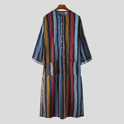 New Men Islam Qamis Muslim Striped Robes Long Sleeve Button-down Arabian Kaftan Suit Middle East Dubai Abaya Summer Man Clothing