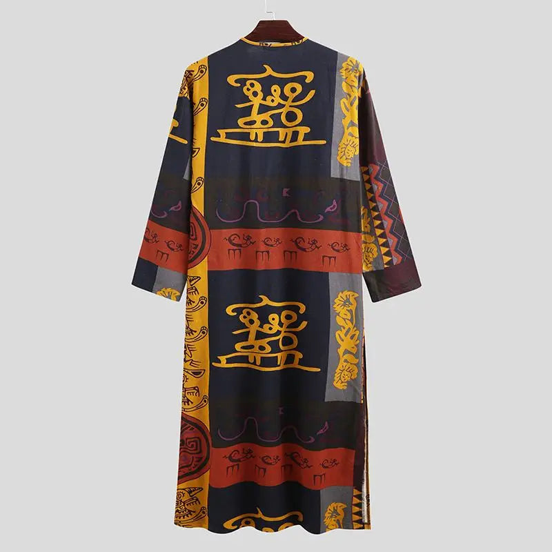 Men's Muslim Robes Ethnic Graphics Printed Long Sleeve Cotton Pockets Robes Casual Islamic Arab Kaftan Dubai Kaftan 2025 New