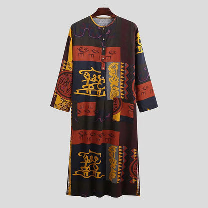 Men's Muslim Robes Ethnic Graphics Printed Long Sleeve Cotton Pockets Robes Casual Islamic Arab Kaftan Dubai Kaftan 2025 New