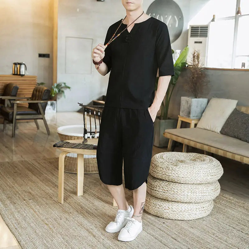 Loose Men's Short Sleeve T-Shirt Set Spring Summer Vintage Retro Tang Costume Hanfu Two-Piece Set Fitness Casual Wear Cotton