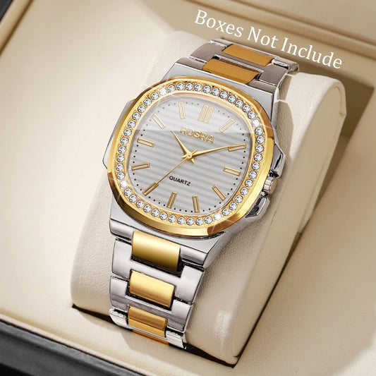 Luxury Rhinestone Men Business Watches Fashion Square Dial Steel Band Male's Quartz Wristwatch Reloj Hombre（Without Box）