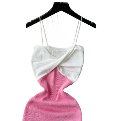 Women's Red White Color Block Spaghetti Strap V-Neck Twist Sundress Stretchy Ribbed Knit Bodycon Mini Dress Summer Party Dress