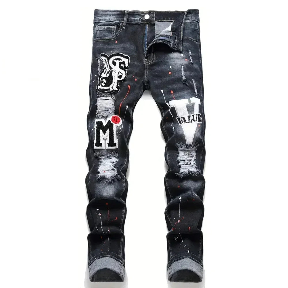 Jean Harem Brodé à Pois LVCCCI'S – Style Casual, Haute Élasticité &amp; Denim Épais