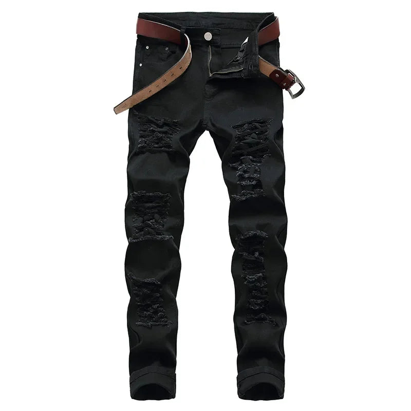 Jean Slim Hip-Hop ZHANLINWU 499 – Style Distressed, Détails Déchirés &amp; Confort Denim