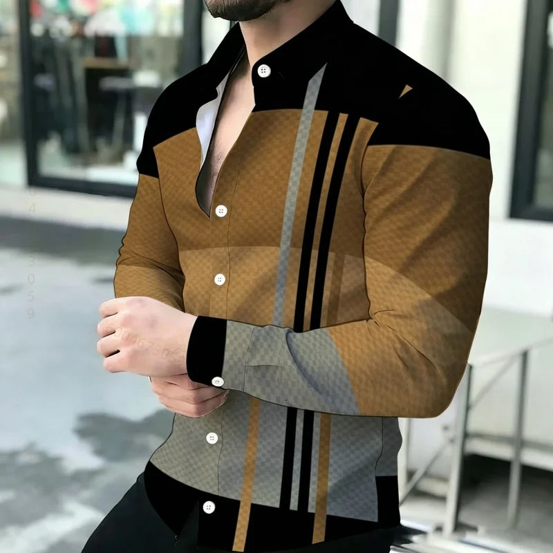 Men's shirt with contrasting stripes, long sleeved shirt, simple geometric lines, slim fit shirt, high-quality business top