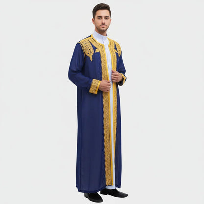 luxury Gold Embroidered Arab Traditional Long Robe Thobe Men's Formal Dress Middle East Ethnic Style Polyester Fiber