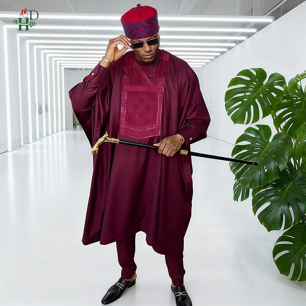 H&D African Clothing Traditional 3PCS Outfit For Man Bazin Riche Agbada Embroidery Wedding Party Plus Size Muslim Men Clothing