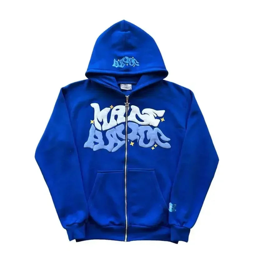 Men's Retro American Letter Zipper Printed Hooded Sweatshirt, Unisex Autumn and Winter Open Cardigan