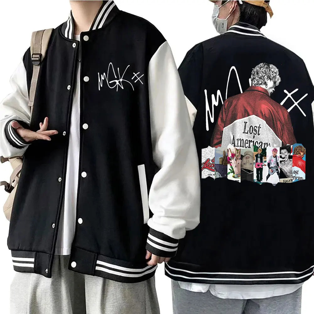 Rapper MGK Lost Americana Tour Album Baseball Uniform Hoodie Jacket Unisex Harajuku Sweatshirt Fan Gift