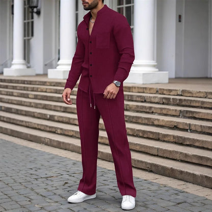 New autumn men's suit, waffle plain-colored long-sleevedshirt with pocket cardigan, stylish men's casual clothing long pants set
