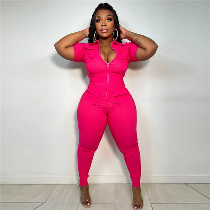 Wmstar Jumpsuit Women Summer Romper V Neck Zipper Short Sleeves Solid Pockets One Piece Outfits Bodysuit Wholesale Dropshipping