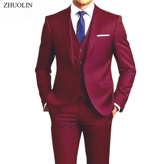 Men's 3 Piece Suit Set Wedding Solid Color Blazer Vest Pants Formal Business Dress Classic Tuxedo for Party Groomsmen