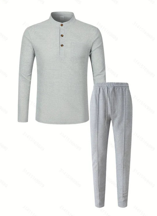 Men's Waffle Check Stand-Up Collar Semi-Casual Business Suit Button-Down Top with Comfortable Trousers have 1/2pieces