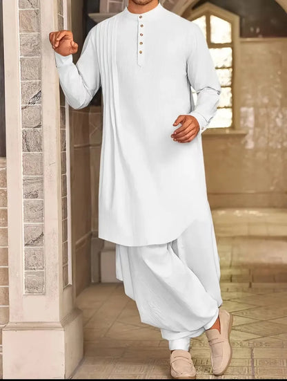2026 Summer New Muslim Middle East Arab Malaysia Mens Button Cotton Linen Shirt Muslim Robe Long Sleeve Traditional Tops