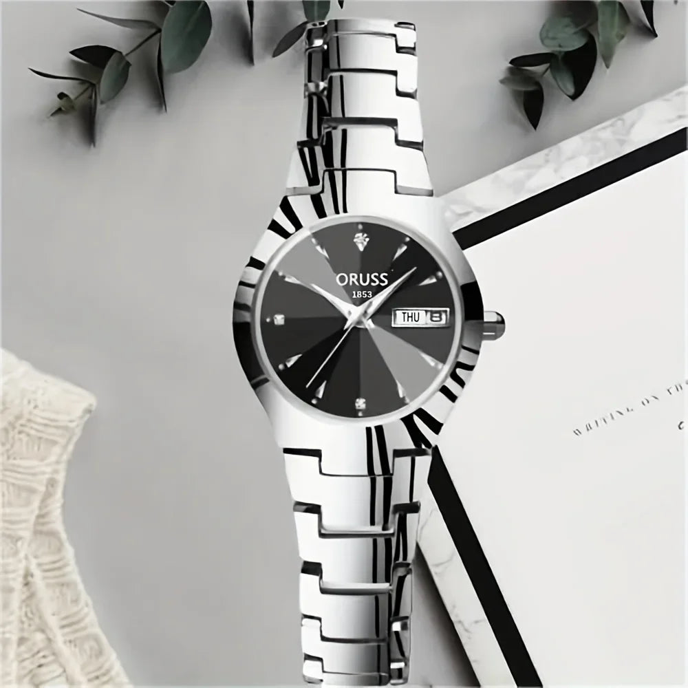 2pcs Couples Dial Cutting Quartz Watch Business Fashion Analog Calendar Wrist Watch Valentines Gift For Men Women Date Watch