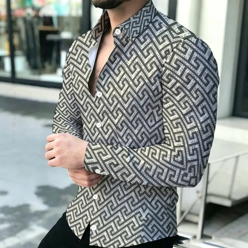 Men's shirt with contrasting stripes, long sleeved shirt, simple geometric lines, slim fit shirt, high-quality business top