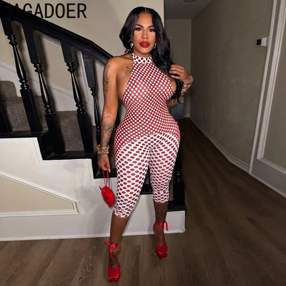 FAGADOER Color Patchwork Polka Dot Romper Retro Big Dot Bandage Halter Bodycon Jumpsuits Summer Streetwear Playsuits 2026 Trendy