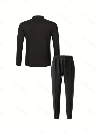 Men's Waffle Check Stand-Up Collar Semi-Casual Business Suit Button-Down Top with Comfortable Trousers have 1/2pieces