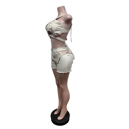 Ensemble 2 pièces Denim – Top Halter & Short Mini – Style Sexy & Club