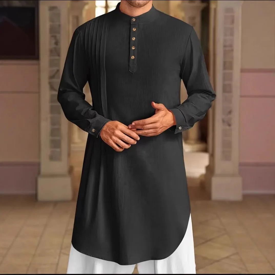 2026 Summer New Muslim Middle East Arab Malaysia Mens Button Cotton Linen Shirt Muslim Robe Long Sleeve Traditional Tops