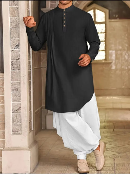 2026 Summer New Muslim Middle East Arab Malaysia Mens Button Cotton Linen Shirt Muslim Robe Long Sleeve Traditional Tops