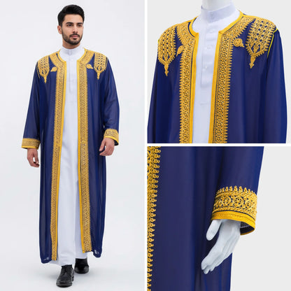 luxury Gold Embroidered Arab Traditional Long Robe Thobe Men's Formal Dress Middle East Ethnic Style Polyester Fiber