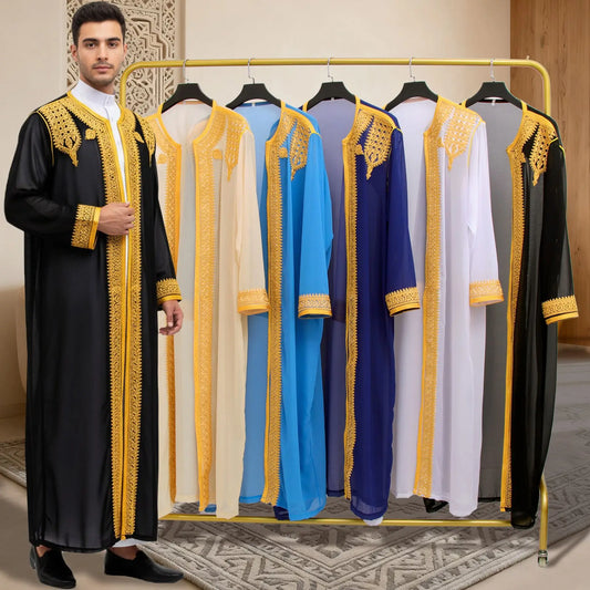 luxury Gold Embroidered Arab Traditional Long Robe Thobe Men's Formal Dress Middle East Ethnic Style Polyester Fiber