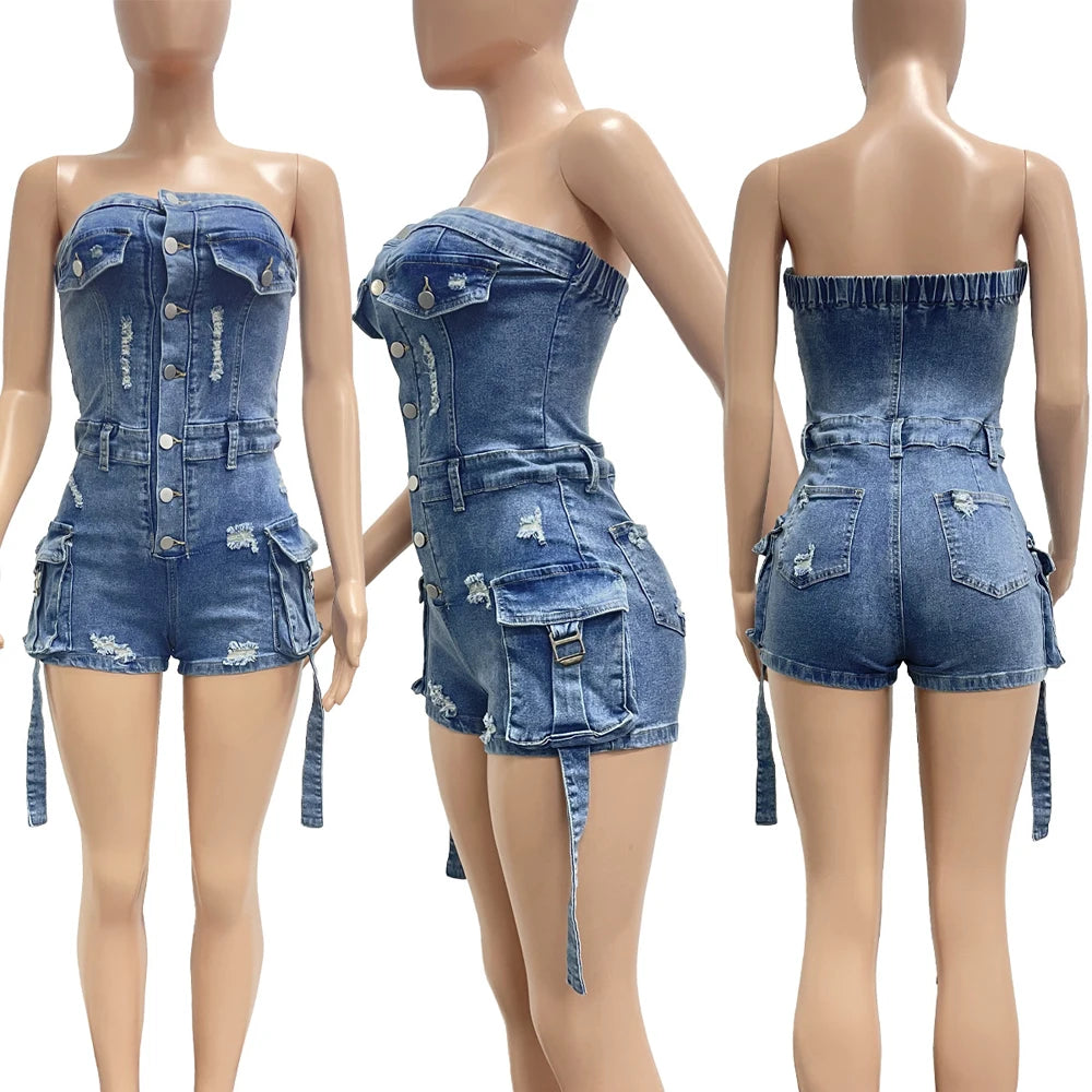 New Arrivals Summer Women Sexy Tube Top Blue Denim Romper Strapless Fashion Wholesale Stretchy Demin Jeans Outfit Woman Jumpsuit