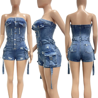 New Arrivals Summer Women Sexy Tube Top Blue Denim Romper Strapless Fashion Wholesale Stretchy Demin Jeans Outfit Woman Jumpsuit