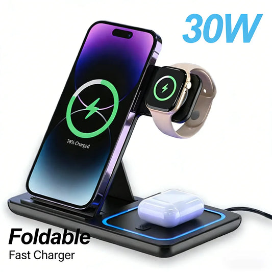 3 in 1 30W Foldable Wireless Charging Station for iPhone 17 16 15 14 13 Pro Max iWatch Ultra Airpods Pro Fast Charger Stand Dock