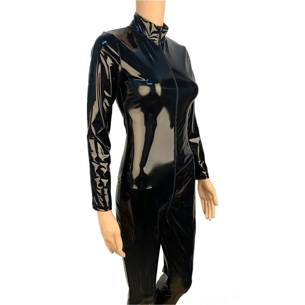 Women's Wet Look Shiny PU Faux Leather Jumpsuit Suit Long Sleeve Zipper Open Crotch Latex Bodysuit Clubwear Plus Size