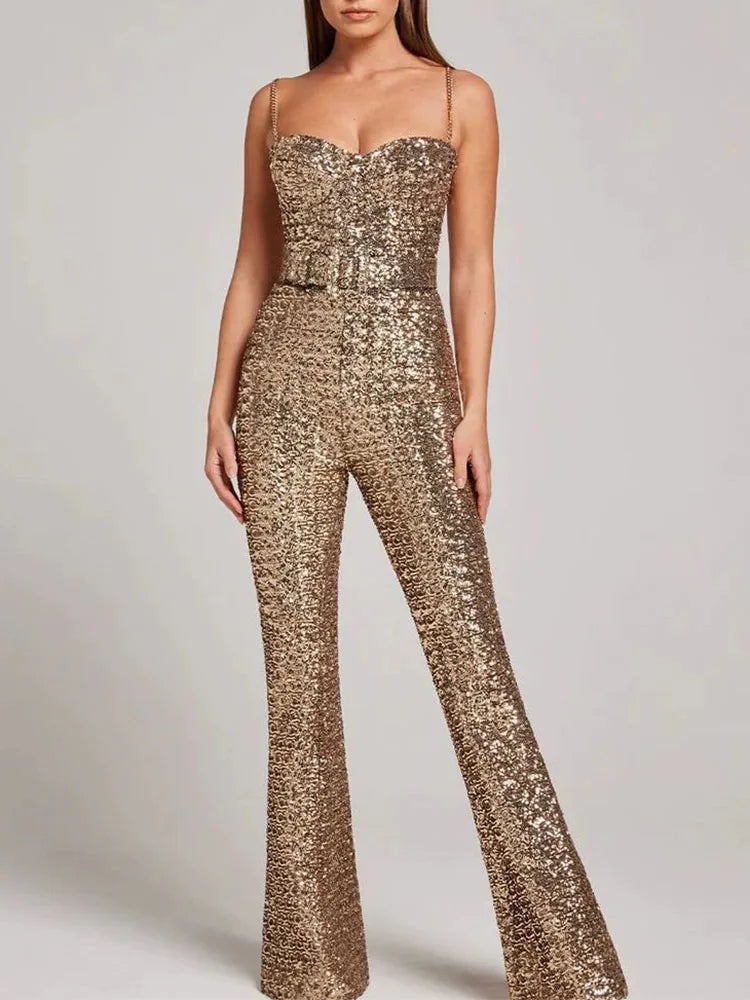 New Shiny Sequined Backless Banquet Jumpsuit Casual Women's Off Shoulder Summer Playsuit Fashion Sleeveless High Waist Rompers