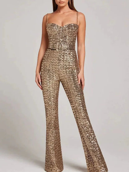 New Shiny Sequined Backless Banquet Jumpsuit Casual Women's Off Shoulder Summer Playsuit Fashion Sleeveless High Waist Rompers