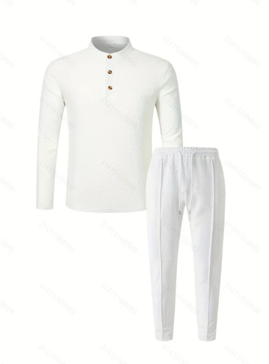 Men's Waffle Check Stand-Up Collar Semi-Casual Business Suit Button-Down Top with Comfortable Trousers have 1/2pieces