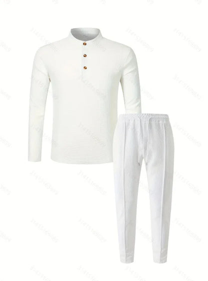 Men's Waffle Check Stand-Up Collar Semi-Casual Business Suit Button-Down Top with Comfortable Trousers have 1/2pieces