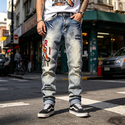 HANGJIA "LLF" Tapered Slim Jeans – Chic Style, Biker Pleats & Animal Print