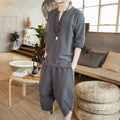 Loose Men's Short Sleeve T-Shirt Set Spring Summer Vintage Retro Tang Costume Hanfu Two-Piece Set Fitness Casual Wear Cotton