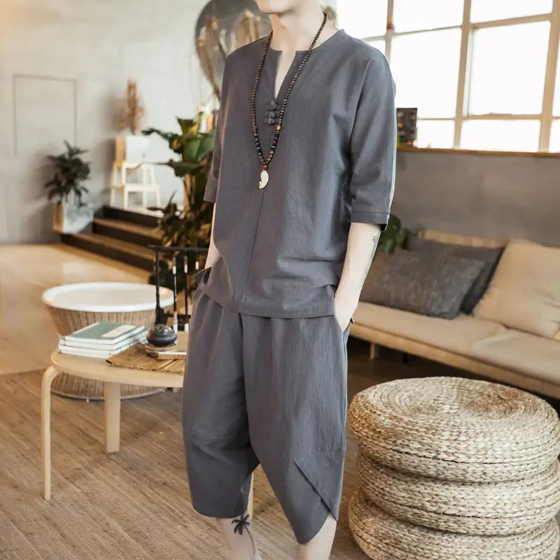 Loose Men's Short Sleeve T-Shirt Set Spring Summer Vintage Retro Tang Costume Hanfu Two-Piece Set Fitness Casual Wear Cotton