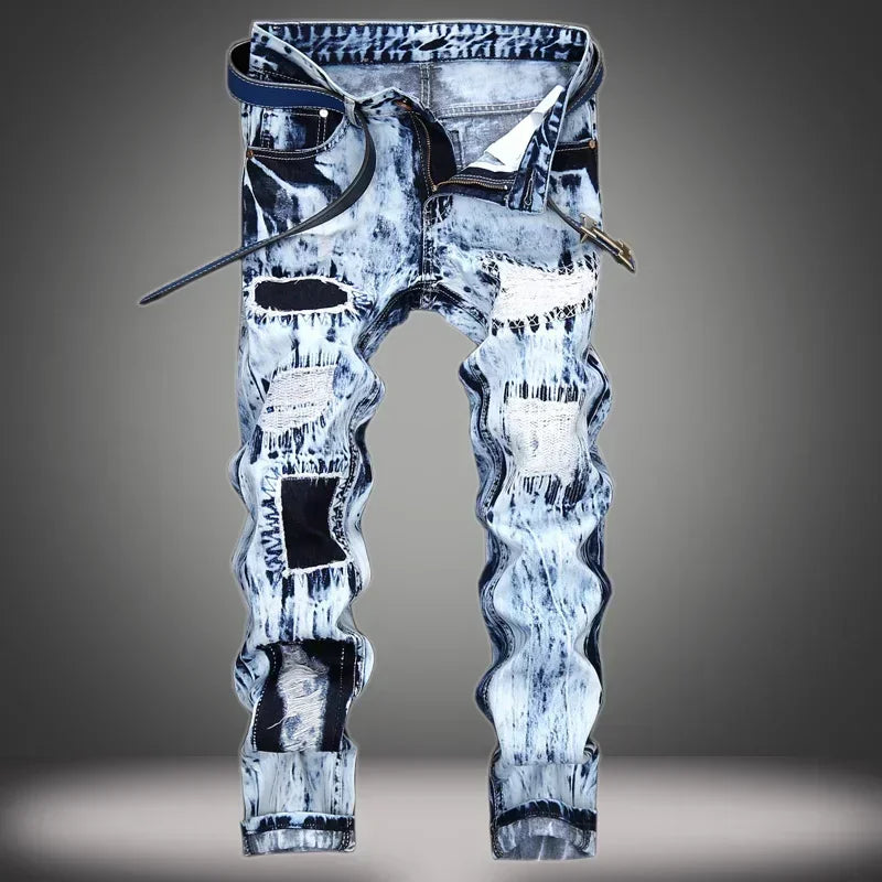 Jean Coupe Droite "Moto &amp; Biker" Patchwork – Style High Street, Broderies &amp; Denim Rigide