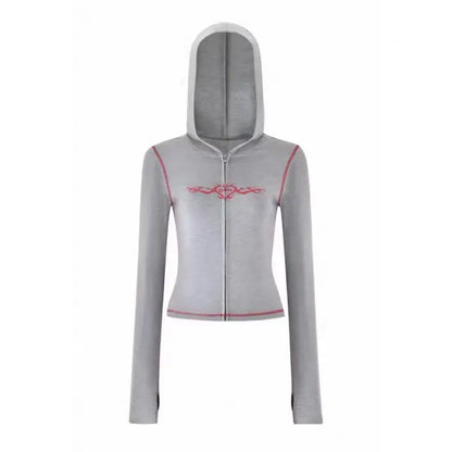 slim fit shoulder floral print bright line design slim fit hooded zipper short jacket pants for women