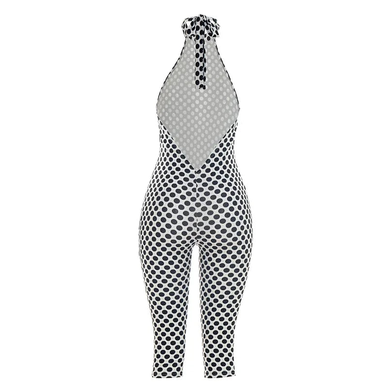 FAGADOER Color Patchwork Polka Dot Romper Retro Big Dot Bandage Halter Bodycon Jumpsuits Summer Streetwear Playsuits 2026 Trendy