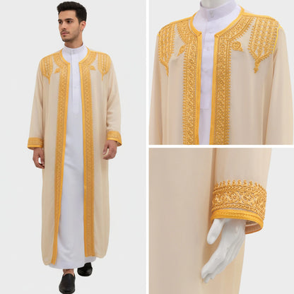 luxury Gold Embroidered Arab Traditional Long Robe Thobe Men's Formal Dress Middle East Ethnic Style Polyester Fiber