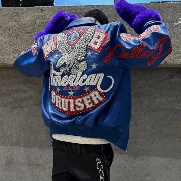 Heavy Industry Embroidery American Retro Motorcycle Coat Men's and Women's Stand Collar Flight Jacket Leather Jacket New Coat