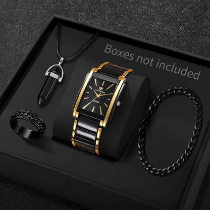 4PCS Luxury Men Business Watches Jewelry Set Fashion Rectangle Dial Male Quartz Watch Reloj Hombre(Without Box)