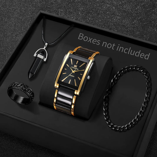 4PCS Luxury Men Business Watches Jewelry Set Fashion Rectangle Dial Male Quartz Watch Reloj Hombre(Without Box)