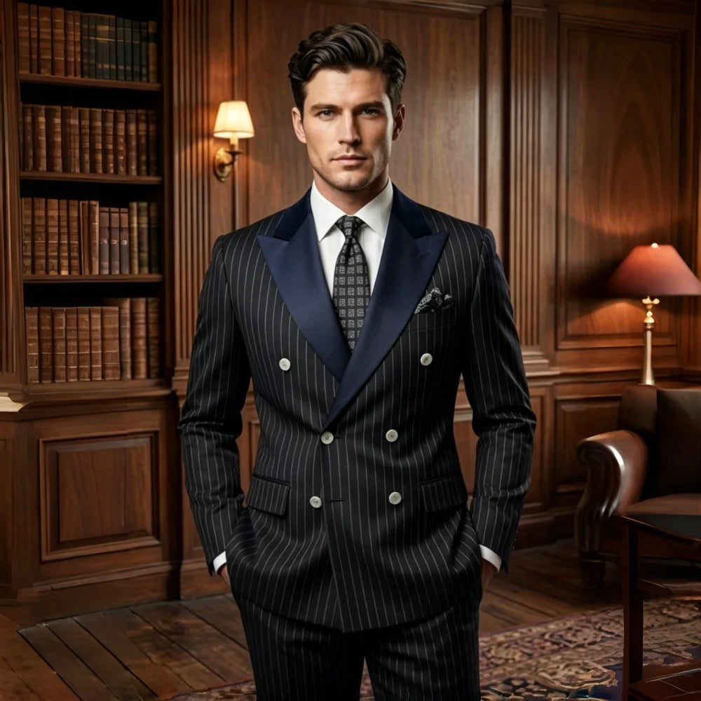 Black Stripe Men Suits Double Breasted Wedding Tuxedo Slim Fit 2 Pieces Formal Blazer Pants Set For Groom Guest Prom Party 2026