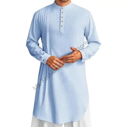 Q6PF Fashion Long Sleeve Men Thobe Ethnic Shirt Ramadans Gown Moroccan Robe