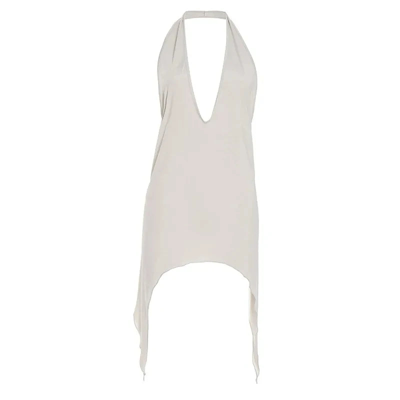 Hottie Irregular Wild Sexy Classic Halter Deep V Neck High Waist Open Back Sleeveless Mini Dress Rave Party Night Club Wear